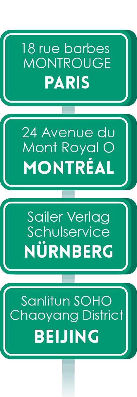 Os endereços dos nossos escritórios: Paris, Montreal e Pequim.